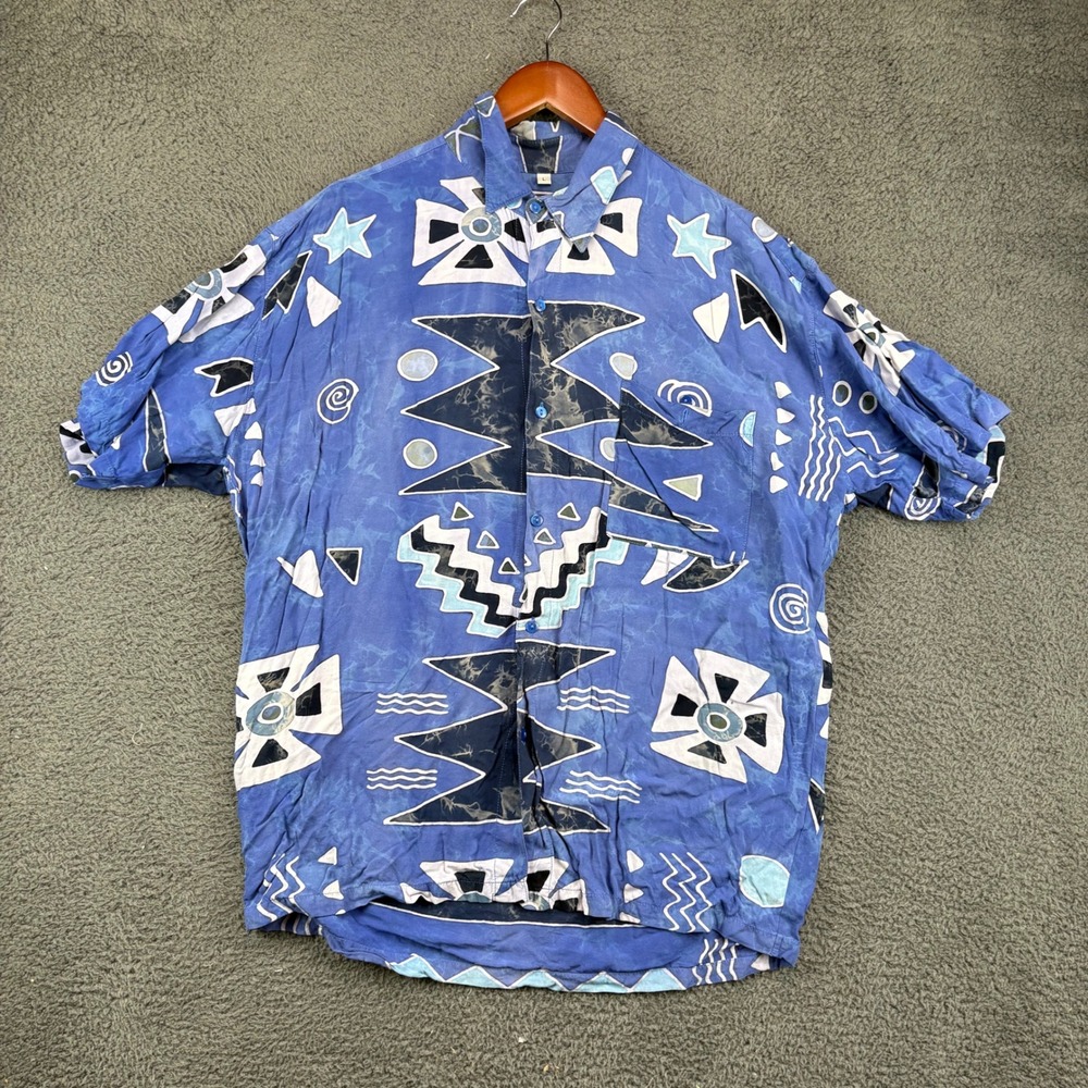 Java Lava Mens Large Blue Abstract Geometric Rayon Short‎ Sleeve Button Up Shirt